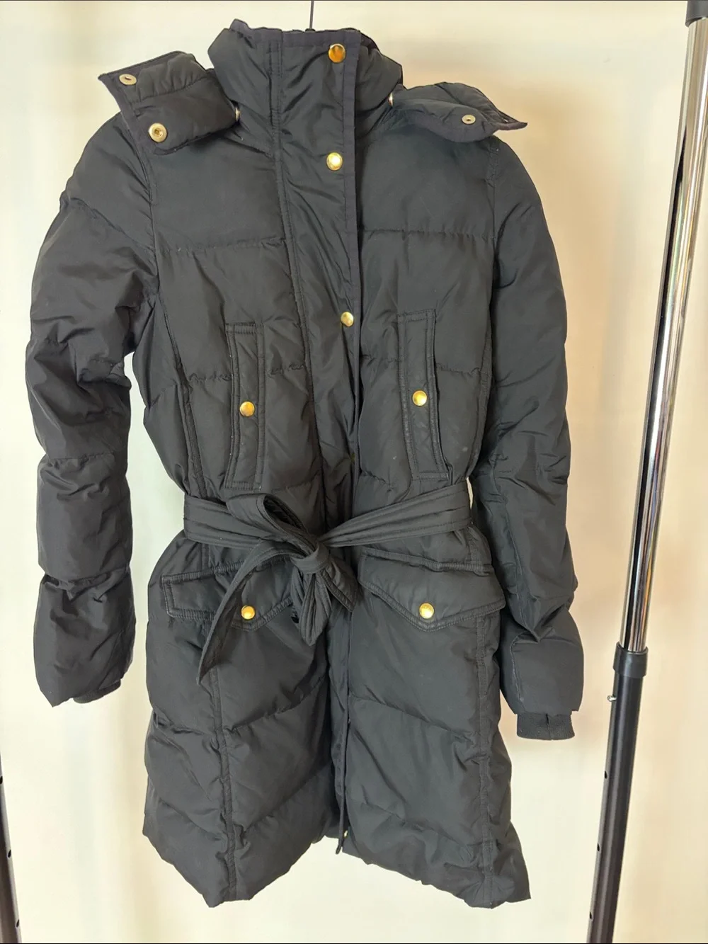 J.Crew Black Quilted Belted Down Puffer Coat Gold-Tone Hardware Detachable Hood